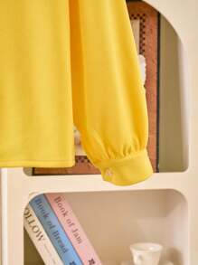 女童长袖休闲白色衬衫，多层荷叶边蕾丝领，珍珠装饰，舒适优雅，适合上学 - 黃色 - 查看 3