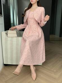 DAZY 2pcs/Set Women's Sleeveless Waist Cinched Dress And Long Sleeve Cardigan Set, Spring/Autumn Lounge Sets For Women - Pink - View 5