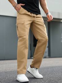 Manfinity Homme 男士休闲纯色工装裤 男士卡其色工装裤 卡其色慢跑裤 男士米色裤子 男士裤子 卡其色男士工装裤，秋季 - 卡其色 - 查看 3