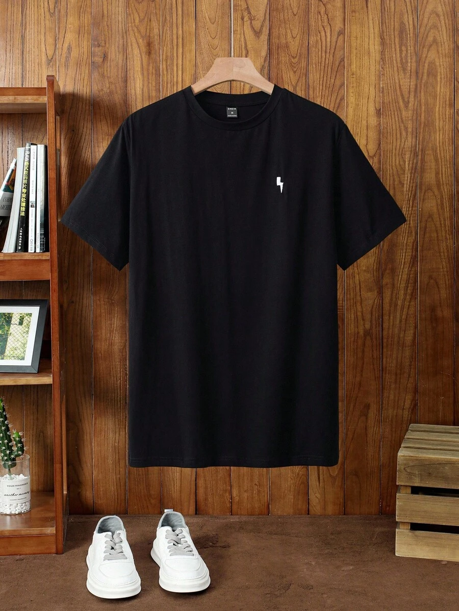 Manfinity NXTstreet Men Cotton Lightning Embroidered Basic Tunic Short Sleeve Tee, Boyfriend Gift, For Work, Summer - Black - View 1