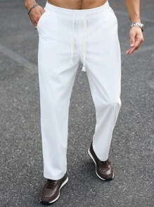 Manfinity Homme 男士休闲纯色抽绳腰长裤白色，老款风格，秋冬，灯芯绒