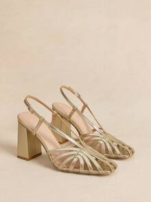 Rosivie Women's Square Toe Chunky Heel Black PU Leather Slip-On Pumps, Fashionable Minimalist Comfortable For Daily Wear And Occasions For Christmas - Gold - View 3