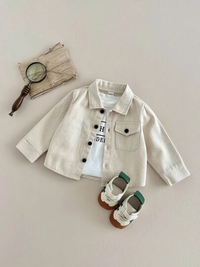 SHEIN 男婴休闲经典款舒适时尚口袋翻领长袖衬衫，适合秋冬季日常穿着、上学穿着、百搭