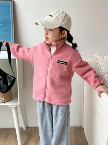 Genkimix Kids Young Girl' Cute Letter Decor Solid Color Jacket - Pink - View 3