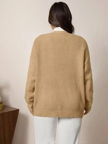Zelara 大码女式扭纹落肩长袖宽松休闲针织开衫 - 卡其色 - 查看 10