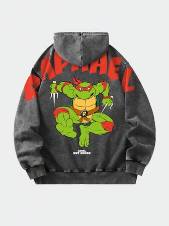 TEENAGE MUTANT NINJA TURTLES X ROMWE Felpa con cappuccio da uomo con lavaggio vintage e stampa grafica, top a maniche lunghe