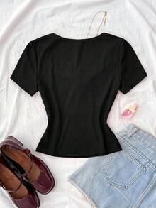 Áo thun tay ngắn bó sát, họa tiết ren chắp vá, màu tương phản đen trắng, ngày lễ tình nhân xuân/hè dành cho bé gái, nhà cửa giản dị, cô gái sạch sẽ, phong cách BM Mỹ, Y2K - màu đen - Xem 2