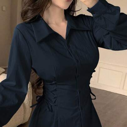 여성용 단색 턴다운 칼라 사이드 크리스 크로스 타이 프론트 버튼 패션 셔츠 네이비 블루 블라우스 여성용 피트 블라우스 긴팔 블라우스 다크 블루 탑 코르셋 블라우스