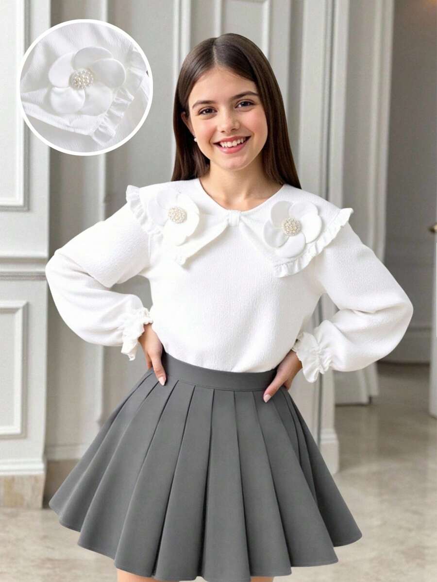 Blusa casual a maniche lunghe con bordo in pizzo per ragazze, camicia elegante con colletto ricamato a fiori per uscite, top bianco semplice - Bianco - Visualizzare 1