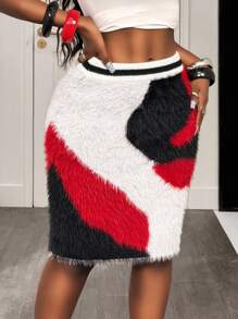 SHEIN BamGlam 女式拼色毛绒针织毛衣裙，休闲街头风格，性感黑白红撞色 - 紅白色 - 查看 5