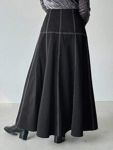 FRIFUL Chân váy dài dáng chữ A rộng rãi, có đường may trang trí, kiểu dáng thường ngày dành cho nữ, thích hợp cho mùa thu. - màu đen - Xem 4