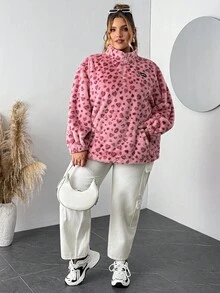 SHEIN CURVE+ 大码女式豹纹羊毛拉链卫衣，毕业季长袖上衣，秋冬季返校必备 - 彩色 - 查看 6