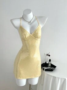 SHEIN Unity 1 chiếc Đầm dự tiệc cưới thanh lịch hở lưng màu vàng kem lấp lánh dành cho nữ, cổ thấp, dây buộc, dự tiệc cưới, mùa thu - Màu vàng - Xem 2
