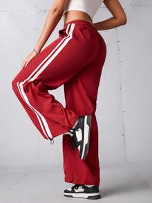 SHEIN Sports Women's Casual Drawstring Waist Contrast Striped Side Loose Wide Leg Sports Pants,Red Track Activewear Workout Pants - Red - View 7