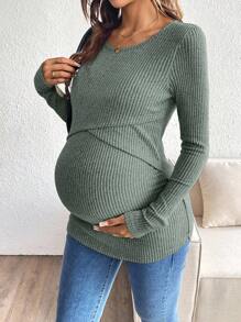SHEIN Maternity Solid Color Round Neck Long Sleeve Ribbed Nursing Top Pregnancy Top - Green - View 7