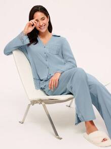 LUVLETTE 秋冬季柔软舒适100%纯棉迷雾森林风蓝色蕾丝优雅饰边纽扣上衣和裤子家居服女士透气睡衣套装裤子带口袋浪漫居家舒适秋季睡衣 - 薄荷藍 - 查看 6