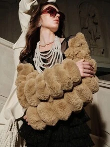 Anewsta Savoree 女士时尚连帽仿皮草夹克，秋冬 - 卡其色 - 查看 4