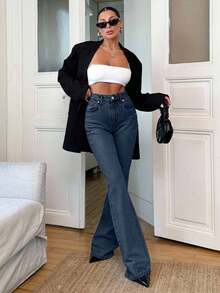 SHEIN Tall بنطلون جينز طويل بخصر عالي وقصة واسعة باللون الأزرق الفاتح، 98% قطن، للنساء الطويلات - أزرق متوسط - مشاهدة 3