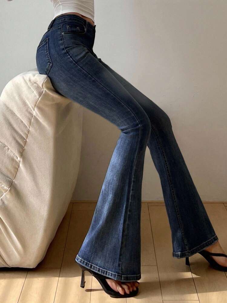 Stretchy Slim Fit Washed Blue Flare Leg Jeans, All Season Low Rise Jeans