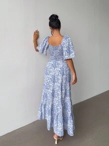 Elenzga 夏季短袖度假海滩音乐节粉色碎花长裙 - 藍色 - 查看 2