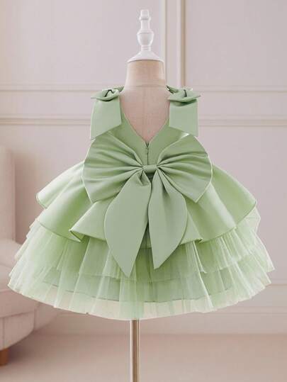 Glamorique Kids 圣诞节儿童礼服，派对服，圣诞老人礼服，新年礼服，圣诞儿童儿童舞会礼服连衣裙女童公主裙绿缎绿网眼泡泡裙后裙大蝴蝶结连衣裙可爱宝宝生日礼服生日礼服儿童生日礼服婚纱优雅婚礼宾客礼服郊游礼服秋季礼服无袖舞台钢琴表演中东优雅礼服四季