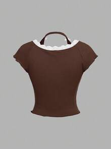 SHEIN Girlism 少女罗纹领蕾丝边立领短款T恤 - 棕色 - 查看 2