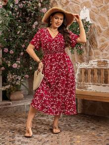 SHEIN PETITE CURVE 大码花卉印花休闲连衣裙，适合度假、日常穿着和派对 - 彩色 - 查看 3