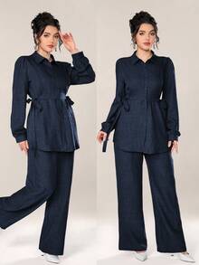 Graceveil Women 2pcs Set Front Button Long Sleeve Casual Blouse And Trousers 2 Pieces Set Modest - Navy Blue - View 2