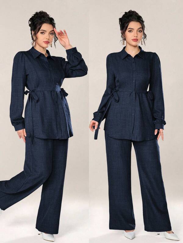 Graceveil Women 2pcs Set Front Button Long Sleeve Casual Blouse And Trousers 2 Pieces Set Modest