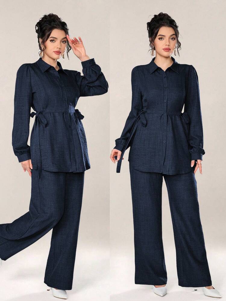 Graceveil Women 2pcs Set Front Button Long Sleeve Casual Blouse And Trousers 2 Pieces Set Modest - Navy Blue - View 1
