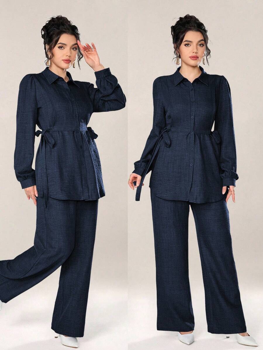Graceveil Women 2pcs Set Front Button Long Sleeve Casual Blouse And Trousers 2 Pieces Set Modest