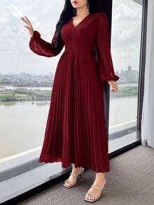 Feyla 女士时尚优雅提花V领中长连衣裙 - 酒紅色 - 查看 4