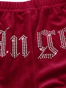 SHEIN 青少年女孩天鹅绒水钻口袋连帽拉链运动衫和修身喇叭裤休闲优雅两件套 - 酒紅色 - 查看 6