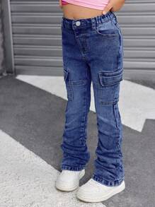 SHEIN SLAYR Young Girl Young Girl Blue Denim Elastic Ruched Jeans Fall Winter - Dark Wash - View 3