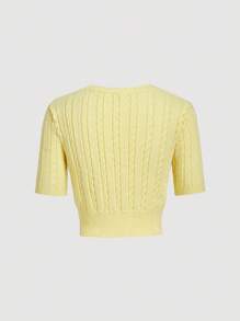 Skyraze 女士麻花针织刺绣修身短款毛衣 - 黃色 - 查看 5