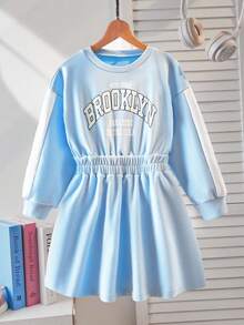 SHEIN Explorewe Girls' Cute Comfortable Round Neck Long Sleeve Dress, Autumn/Winter Fall - Baby Blue - View 1