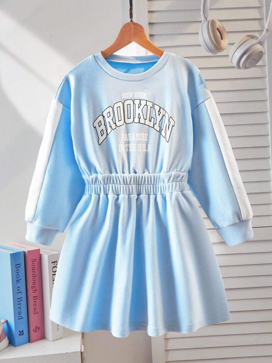 SHEIN Explorewe Girls' Cute Comfortable Round Neck Long Sleeve Dress, Autumn/Winter Fall - Baby Blue - View 1