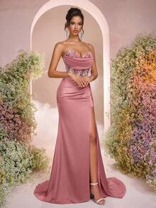 Glamrae Đầm satin thanh lịch không dây vai, cổ khoét sâu, chất liệu lưới xuyên thấu, họa tiết xương cá, hoa 3D, dáng đuôi cá, xẻ cao bên hông, xếp ly, dây buộc điều chỉnh được, thích hợp cho hẹn hò, kỳ nghỉ, sinh nhật, tiệc tùng, dạ hội, đám cưới, các dịp trang trọng, ngày Valentine. - Bụi hồng - Xem 4