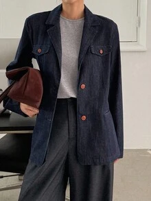 DAZY 女式翻领前开襟宽松牛仔西装外套，休闲都市风格 - 深色水洗藍 - 查看 2