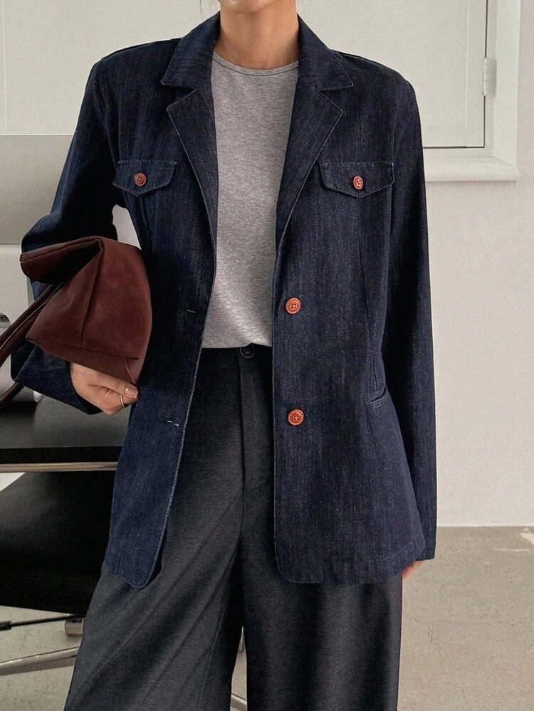 Women's Lapel Open Front Loose Denim Blazer Jacket, Casual City Style