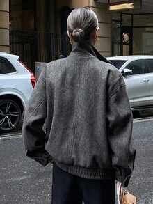 DAZY 女士立领双排扣拉链宽松休闲夹克冬季女式外套 - 深灰色 - 查看 8