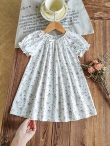 Baby Girl Summer Vacation Loose Knit Round Neck Puff Sleeve Ditsy Floral Nightgown - Multicolor - View 5