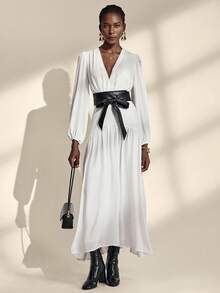 Almamuse Women's Elegant Long Sleeve V-Neck Leather Waist Belt Contrast Color Dress Fall Cloth For Women - Black and White - View 4