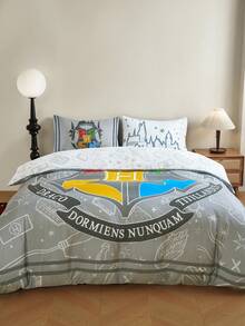 HARRY POTTER X SHEIN 3pc Animal Badge & Letter Print Reversible Duvet Cover Set, Suitable For Single Bed/Double Bed/Queen Bed/King Bed, Dormitory/Home - Grey - View 5
