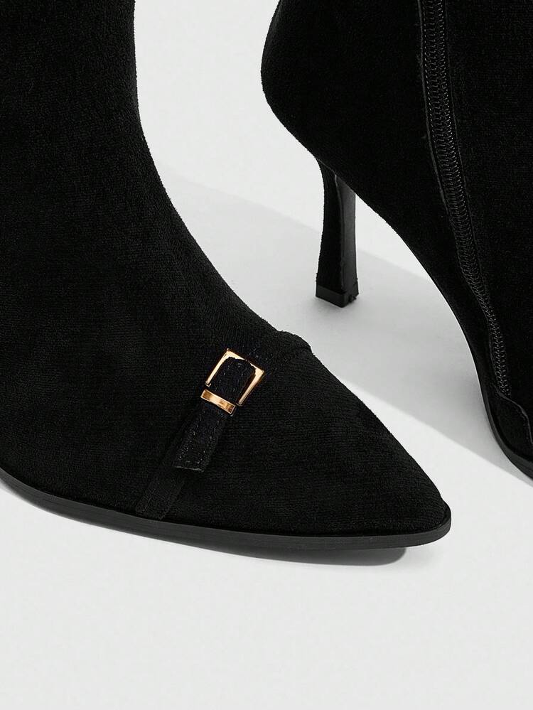 CUCCOO SZL Women's Buckle Decor Side Zipper Soft Faux Suede Pointed Toe Stiletto Over-The-Knee Boots