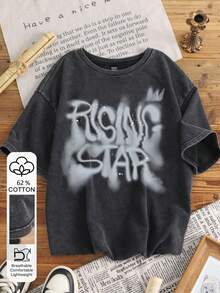 Attitoon 女式黑色针织斑点印花超大 T 恤，涂鸦字体标语，嘻哈风格，西海岸风格，街头服饰，Y2K，复古，垃圾摇滚，朋克，图案 T 恤，辣妹，返校节，返校，夜间外出/外出，秋季