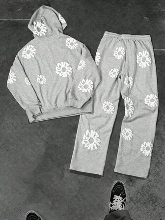 Manfinity Roughcore Conjunto de sudadera con capucha y pantalón de chándal con estampado de letras para hombre, ropa de otoño