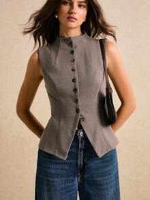 Poéselle Women's Elegant Brown Summer Office Sleeveless Blouse,Solid Color Front Button Placket Slit Top,Casual Old Money Style Fall/Winter Blouses For Ladies - Brown - View 4