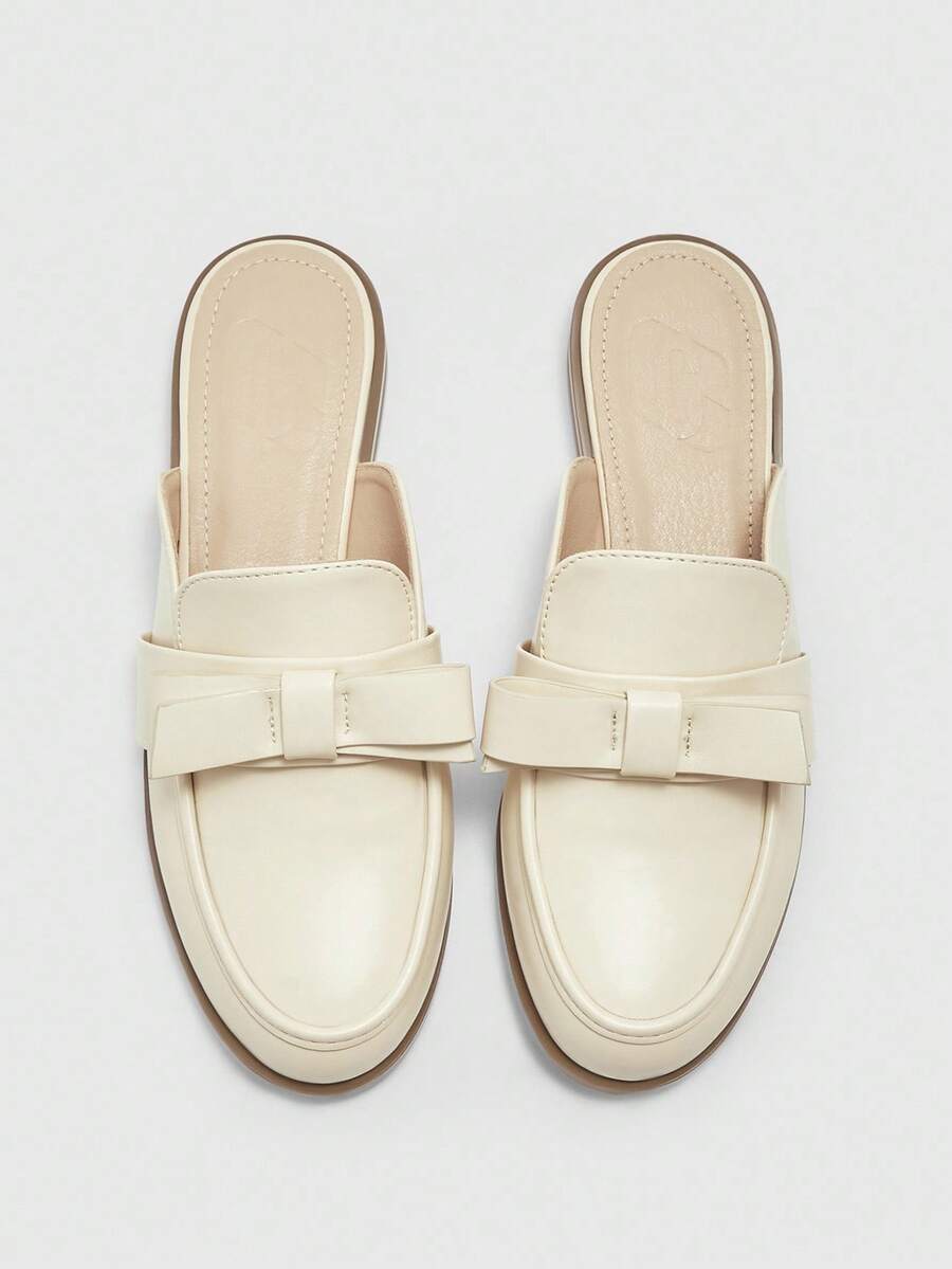 CUCCOO BIZCHIC Women's Fashion Beige Bow Comfortable Slip-On Mules, Flat Casual Loafers Suitable For Outdoor, Work, Daily Wear - Beige - View 1