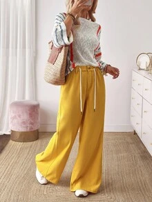 EMERY ROSE Women's Casual Solid Color Wide Leg Drawstring Waist Jeans - Yellow - View 3